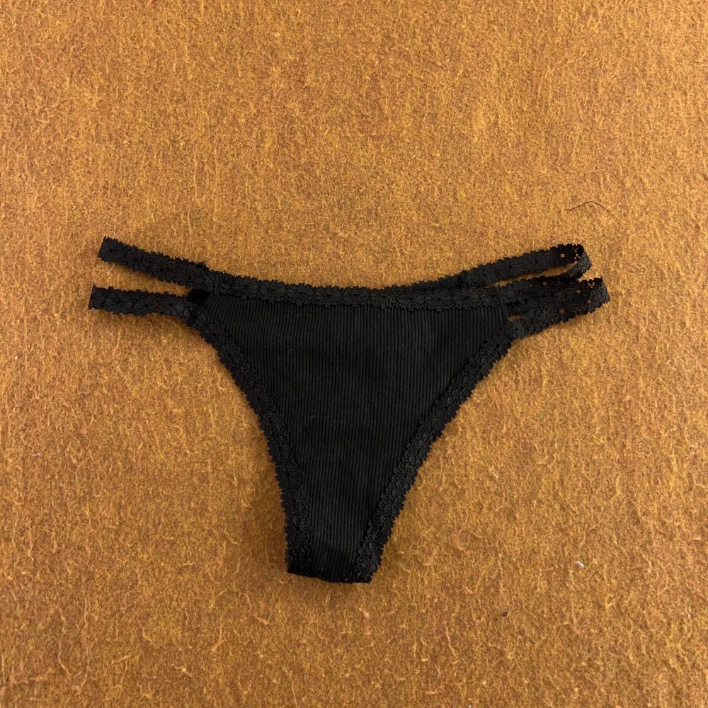 Victoria's Secret PINK Womens XS Black Ribbed Lace Trim Thong Panty NWT